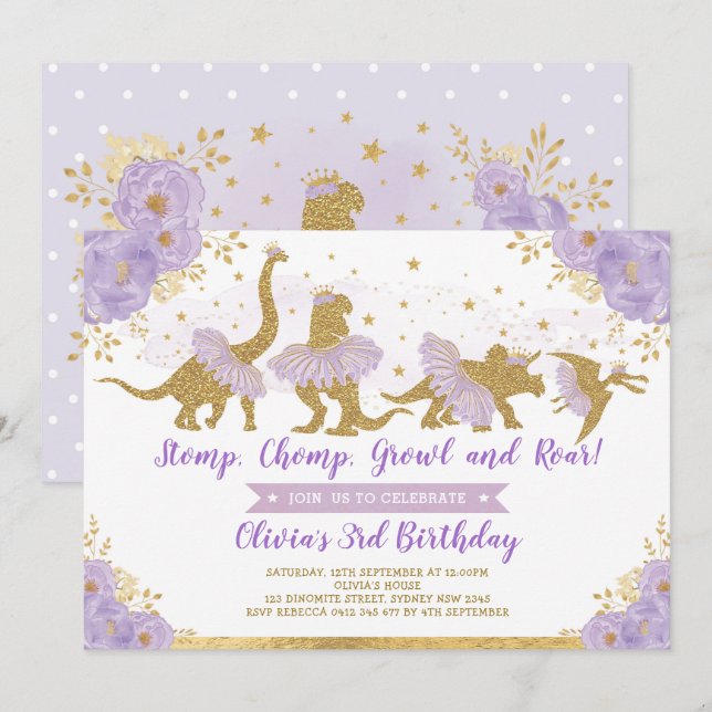 Invitation Dinosaur Princess Ballerina Rose Floral Anniversai (Devant / Derrière)