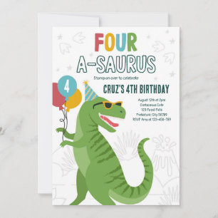 Invitation Dinosaur Quatre A-Saurus 4e fête d'anniversaire T-
