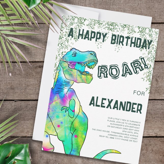 Invitation Dinosaur Roar 5e fête d'anniversaire (Dinosaur 5th birthday party invitation with colorful t-rex roar and Jurassic jungle )