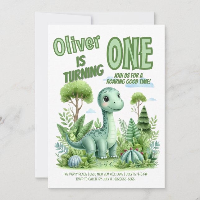 Invitation Dinosaur Roaring Bon Temps Bébé 1er anniversaire (Devant)