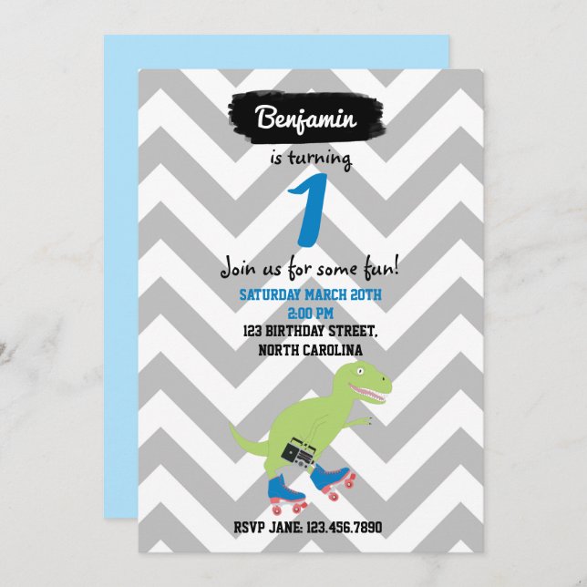Invitation Dinosaur Roller Skating Radio Holding Anniversaire (Devant / Derrière)