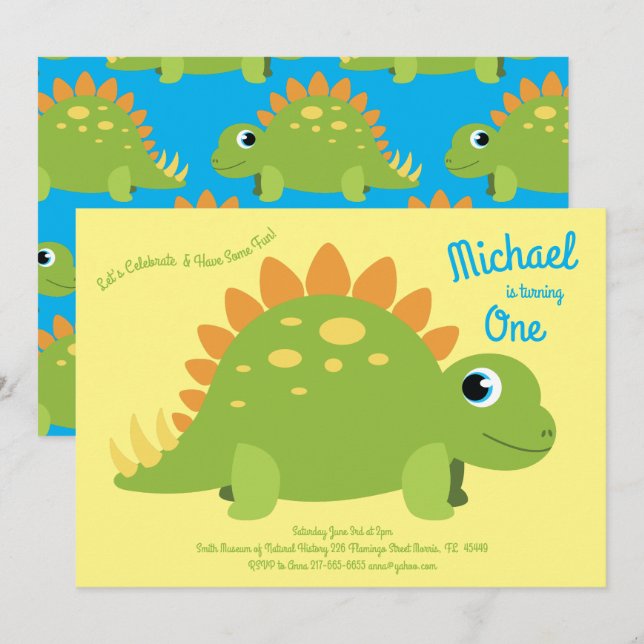 Invitation Dinosaur Stegosaurus Enfants 1er anniversaire Dino (Devant / Derrière)