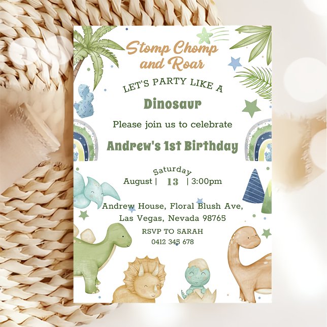 Invitation Dinosaur Stomp Chomp Rawr 1er anniversaire de fête (Créateur téléchargé)