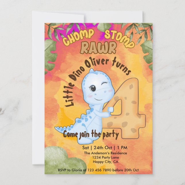 Invitation Dinosaur Stomp Chomp Rawr 4e anniversaire fête (Devant)