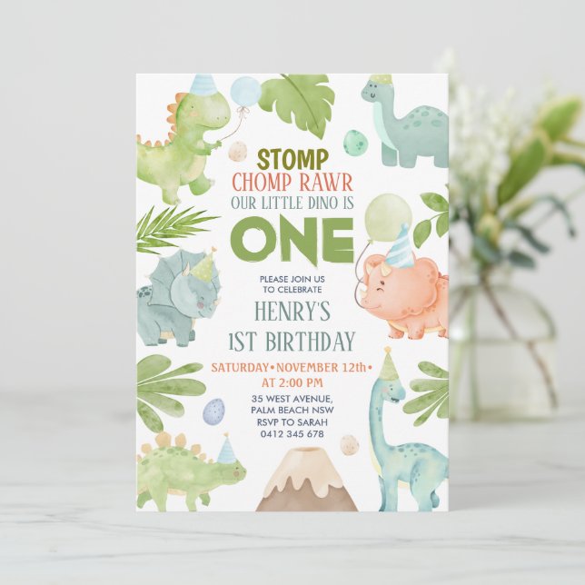 Invitation Dinosaur Stomp Chomp Rawr Boy Dino 1er anniversair (Debout devant)