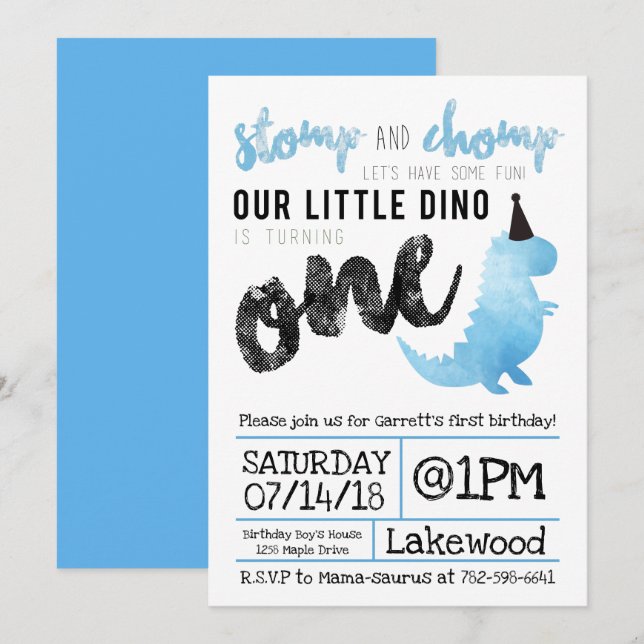 Invitation Dinosaur Stomp et Chomp Premier anniver (Devant / Derrière)
