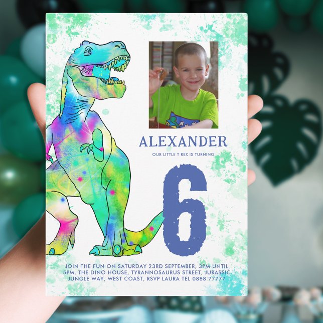 Invitation Dinosaur T-Rex 6e anniversaire de fête aquarelle (T-Rex dinosaur 6th birthday party invitation with photo template colorful watercolor dino)