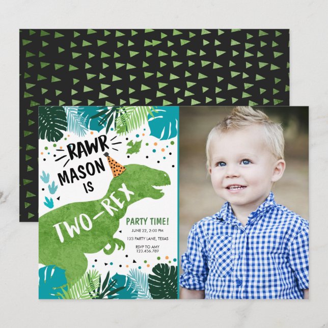 Invitation Dinosaur T-Rex à deux rapports RAWR 2e anniversair (Devant / Derrière)