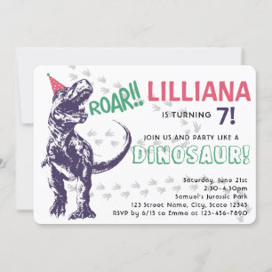 Invitation Dinosaur T-Rex dans Casquette de fête rose et viol