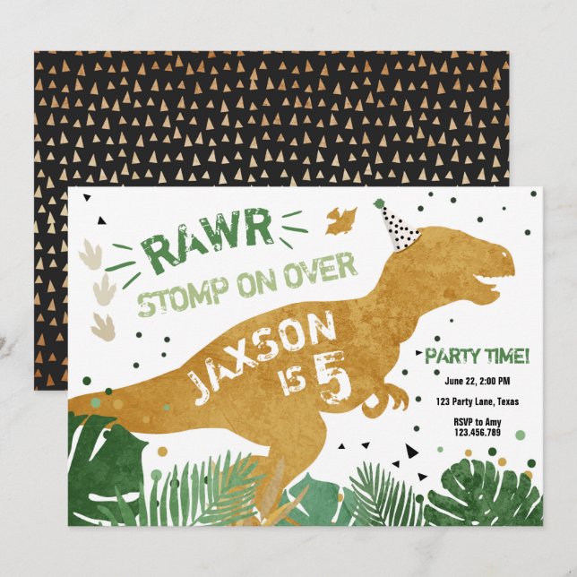 Invitation Dinosaur T-Rex RAWR Gold Green Dino Boy Anniversai (Devant / Derrière)