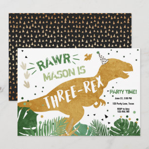 Invitation Dinosaur T-Rex Trois Rex RAWR Gold Boy Anniversair