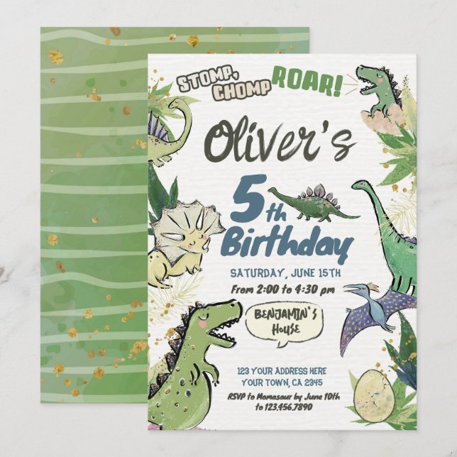 Invitation Dinosaur Thème fête Anniversaire, T Rex (Devant / Derrière)