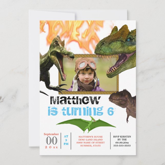 Invitation Dinosaur thème fête d'anniversaire t-rex flammes p (Devant)