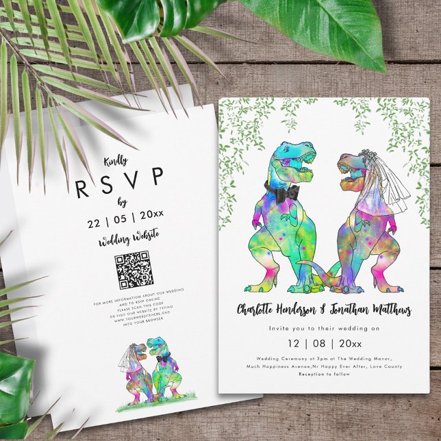 Invitation Dinosaur Thème Mariage QR Code (Funny dinosaur themed wedding inviation with colorful psychedelic T-Rex bride and groom jungle )