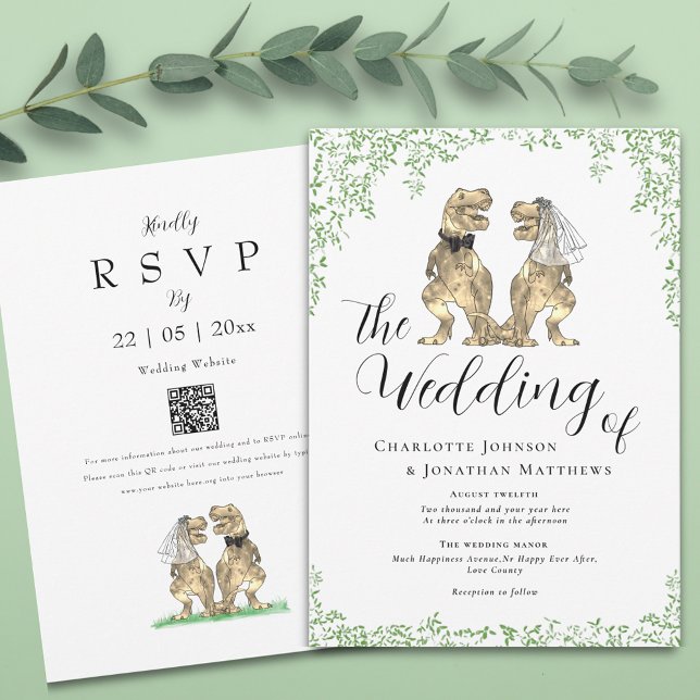 Invitation Dinosaur Thème Mariage QR Code (Botanical dinosaur wedding invitation with elegant script  watercolor eucalyptus foliage and qr code)