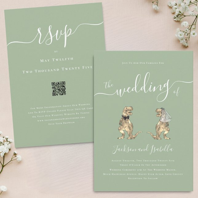 Invitation Dinosaur Thème Mariage Sage Vert Blanc QR Code (Dinosaur theme wedding sage green QR code invitation Eleagnt modern script T-Rex dino bride & groom)