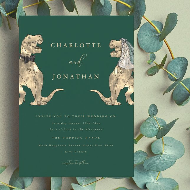 Invitation Dinosaur Thème Mariage Vert (Dinosaur theme dark green wedding invitation modern typography funny T-Rex dino bride and groom)