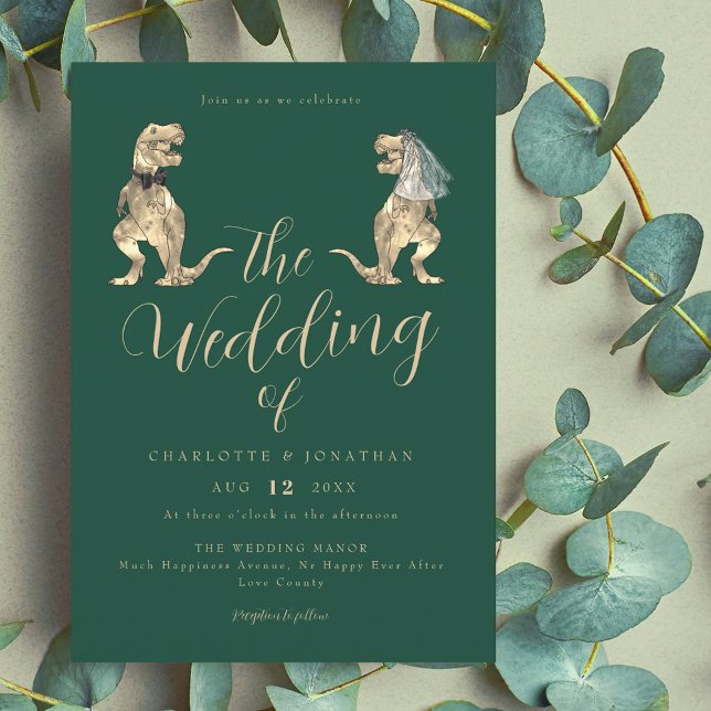Invitation Dinosaur Thème Mariage Vert (Dinosaur theme wedding dark green invitation Funny T-Rex bride & groom modern elegant script )