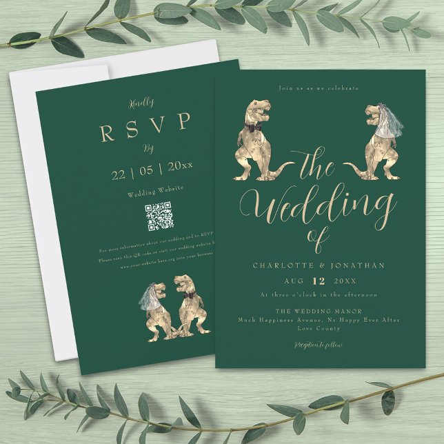 Invitation Dinosaur Thème Mariage Vert (Dinosaur theme wedding dark green QR code invitation funny T-Rex dino Bride & groom elegant script )