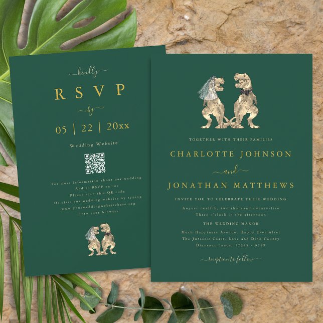 Invitation Dinosaur Thème Mariage Vert Gold QR Code (Dinosaur theme wedding dark green gold beige qr code invitation T-Rex bride & groom Modern elegant)