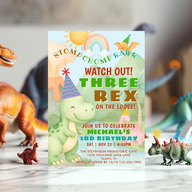Invitation Dinosaur Themed Three Rex Birthday Party Boy (Créateur téléchargé)