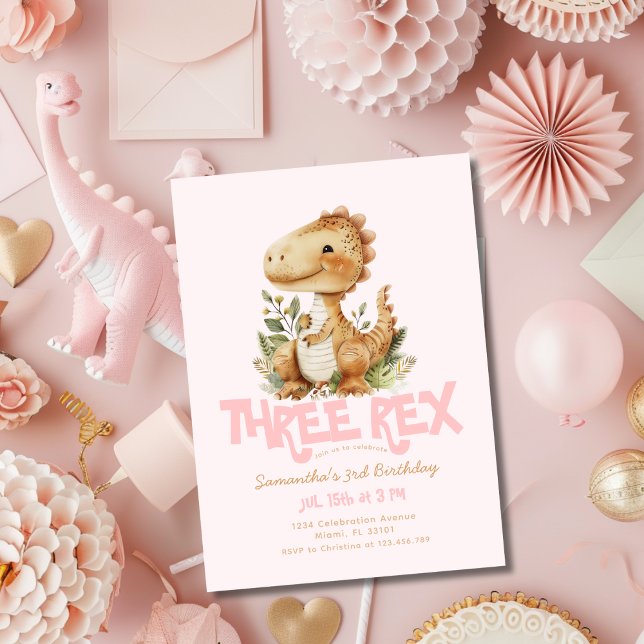 Invitation Dinosaur Trois Rex 3e fête d'anniversaire fille ro (Créateur téléchargé)