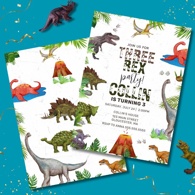 Invitation Dinosaur Trois Rex 3ème fête d'anniversaire (Stomp, roar, and party! Our Three-Rex dinosaur invite is dino-mite fun for turning 3! )