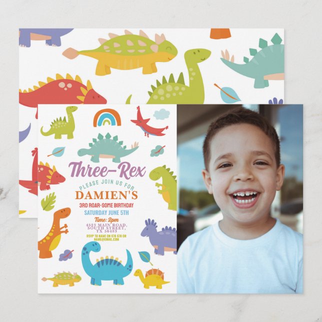 Invitation Dinosaur Trois Rex Cute Boys Party Photo (Devant / Derrière)