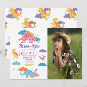 Invitation Dinosaur Trois Rex Cute Girls Pink Party Photo