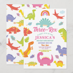 Invitation Dinosaur Trois Rex Filles Cutes Pink Party
