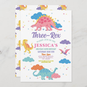 Invitation Dinosaur Trois Rex Filles Cutes Pink Party