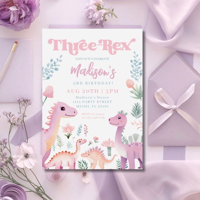 Invitation Dinosaur Trois Rex Girl rose 3e fête d'anniversair (Créateur téléchargé)
