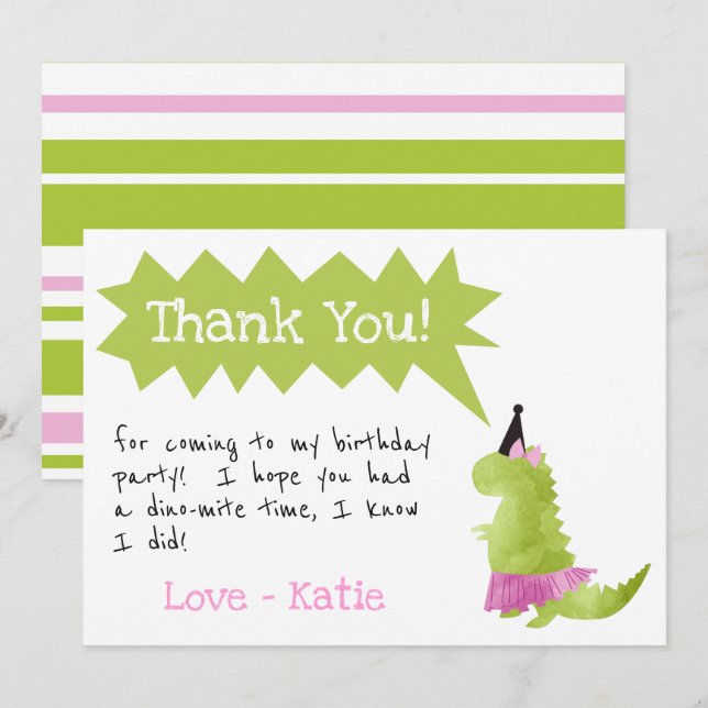 Invitation Dinosaur Tutu Merci Anniversaire Pink Tutu (Devant / Derrière)