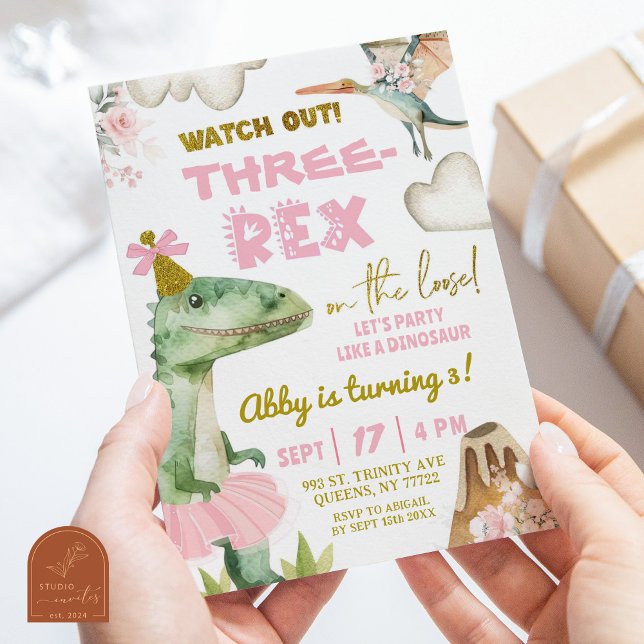 Invitation Dinosaur Tutu ThreeRex Fille 3e fête d'anniversair (Créateur téléchargé)