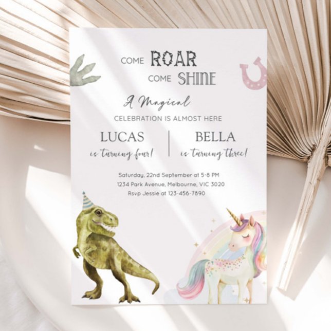 Invitation Dinosaur & Unicorn Siblings Joint Birthday Party (Créateur téléchargé)