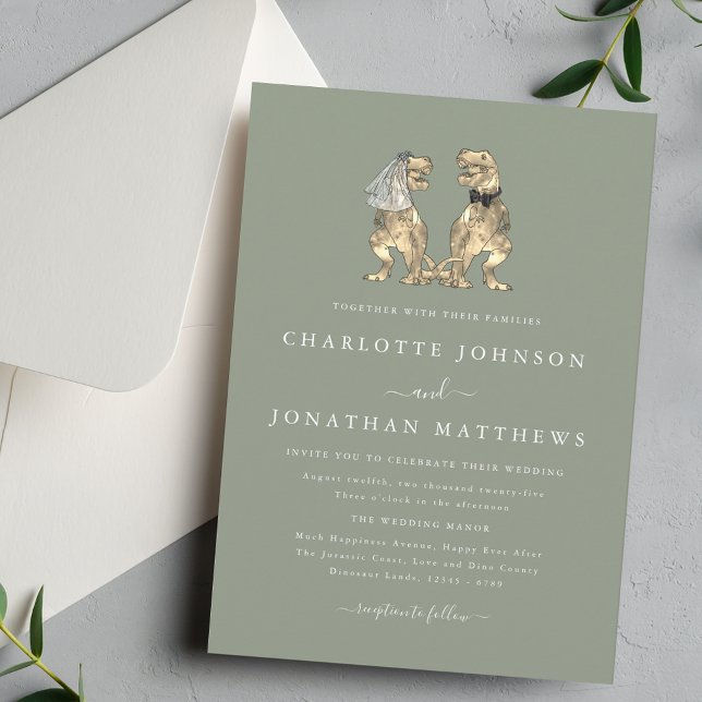 Invitation Dinosaur Wedding Elegant Sage Green (Simple Dinosaur T-Rex Bride and groom elegant simple sage greenery invitation wedding invitation )