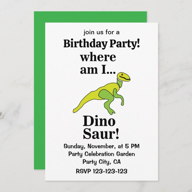 Invitation Dinosaur Where Am I Funny Birthday Party (Devant / Derrière)