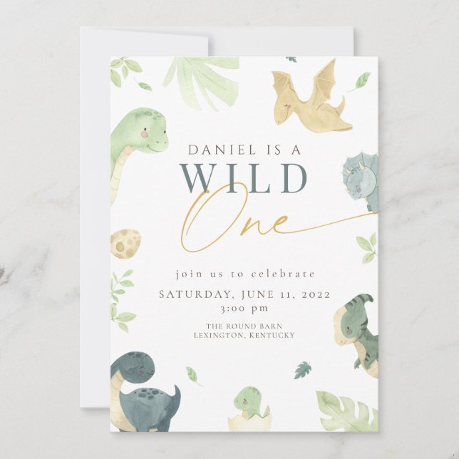 Invitation Dinosaur Wild One 1er anniversaire fête d'annivers (Devant)