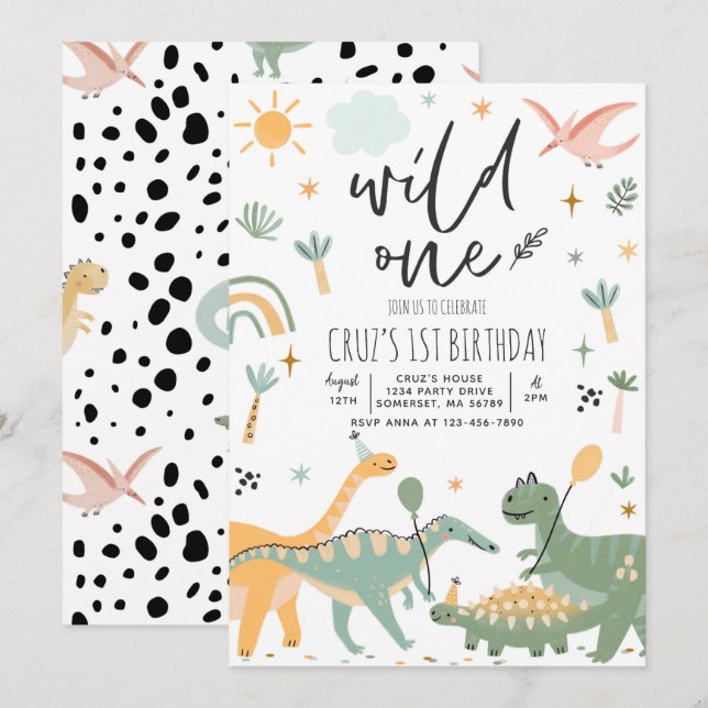 Invitation Dinosaur Wild One 1ère fête d'anniversaire T-Rex  (Devant / Derrière)