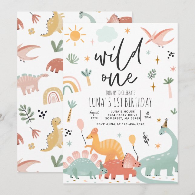 Invitation Dinosaur Wild Un 1er anniversaire fête (Devant / Derrière)