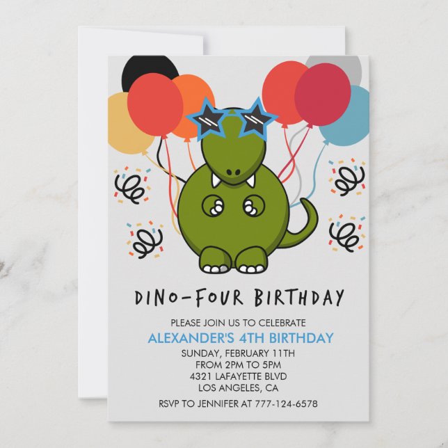 Invitation Dinosaure 4e anniversaire Amusant enfants ballons  (Devant)