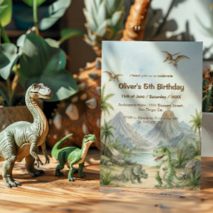Invitation Dinosaure à l'aquarelle avec paysage préhistorique