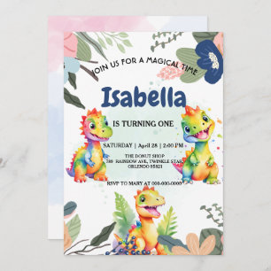 Invitation Dinosaure Arc-en-ciel floral mignon Bonne fête d'a