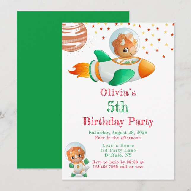 Invitation Dinosaure Astronaut Rocketship Girl Birthday Party (Devant / Derrière)