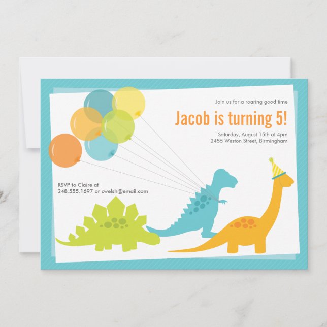 Invitation Dinosaure Balloon d'anniversaire Blue Green Party (Devant)