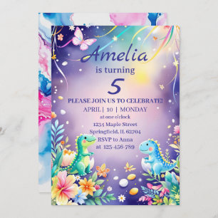 Invitation Dinosaure bébé vert mignon avec thème bleu