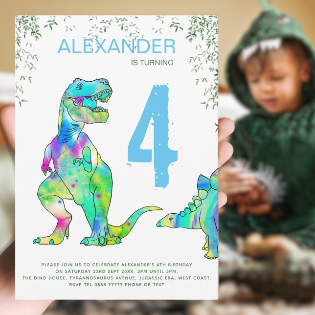 Invitation Dinosaure coloré fête d'anniversaire (Dinosaur Boy’s birthday party invitation colorful T-Rex and Stegosaurus dino modern blue typography )