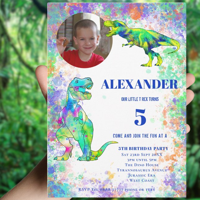 Invitation Dinosaure coloré fête d'anniversaire (T-Rex colorful watercolor dinosaur 5th birthday party photo invitation )