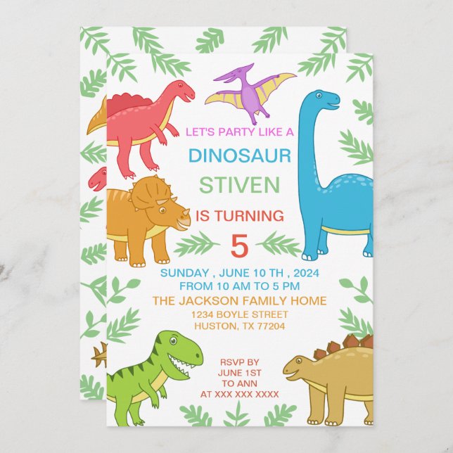 Invitation Dinosaure coloré mignon Anniversaire (Devant / Derrière)