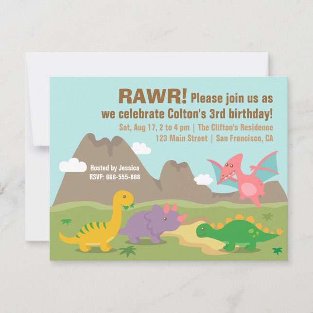 Invitation Dinosaure coloré mignon fête d'anniversaire (Devant)